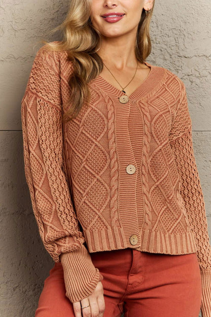 HEYSON Soft Focus Full Size Wash Cable Knit Cardigan - Vesteeto