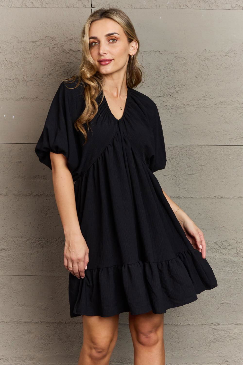 Hailey & Co Comfort Cutie Double V-Neck Puff Sleeve Mini Dress - Vesteeto