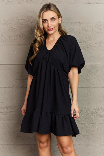 Hailey & Co Comfort Cutie Double V-Neck Puff Sleeve Mini Dress - Vesteeto