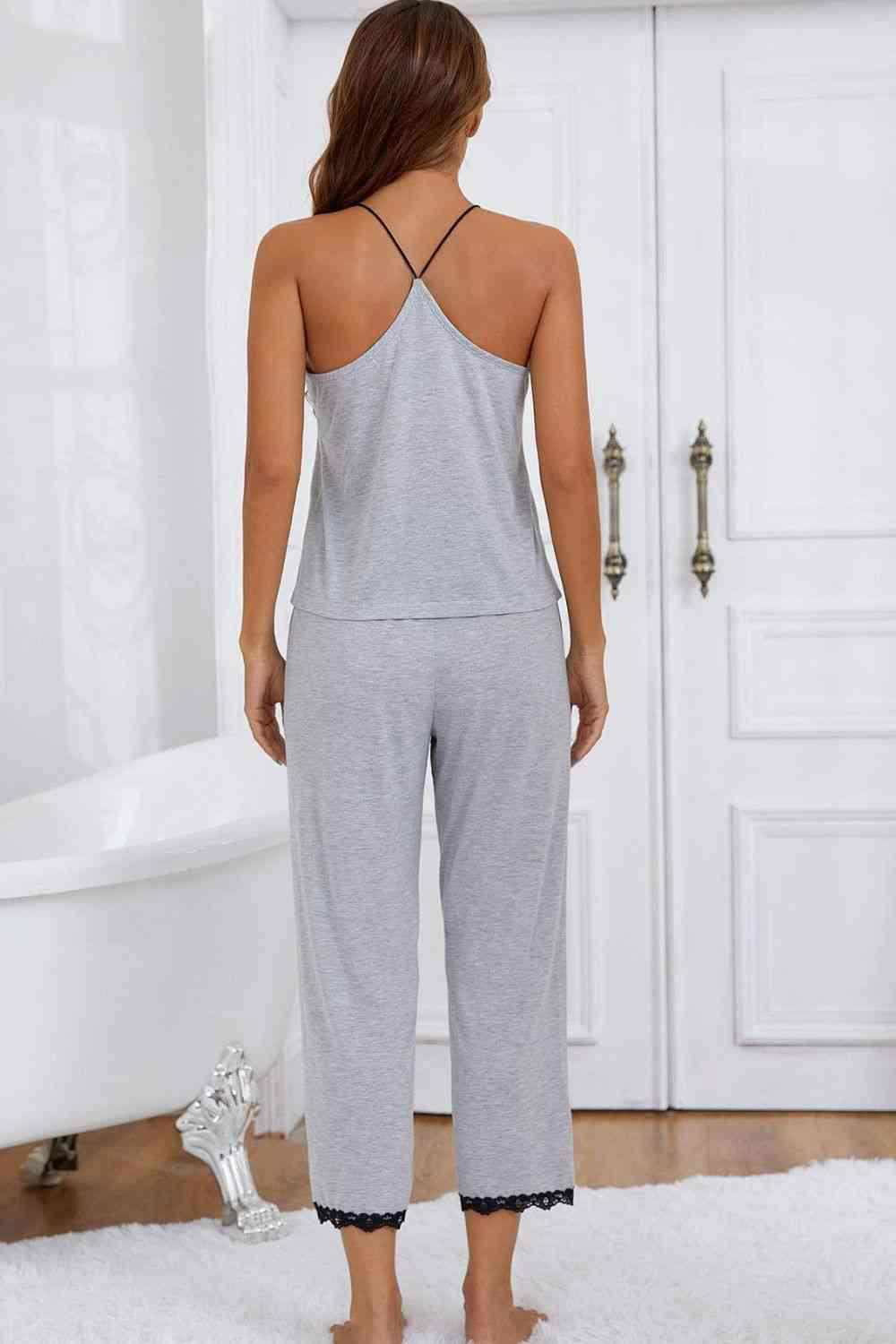 Halter Neck Cami and Lace Trim Pajama Set - Vesteeto