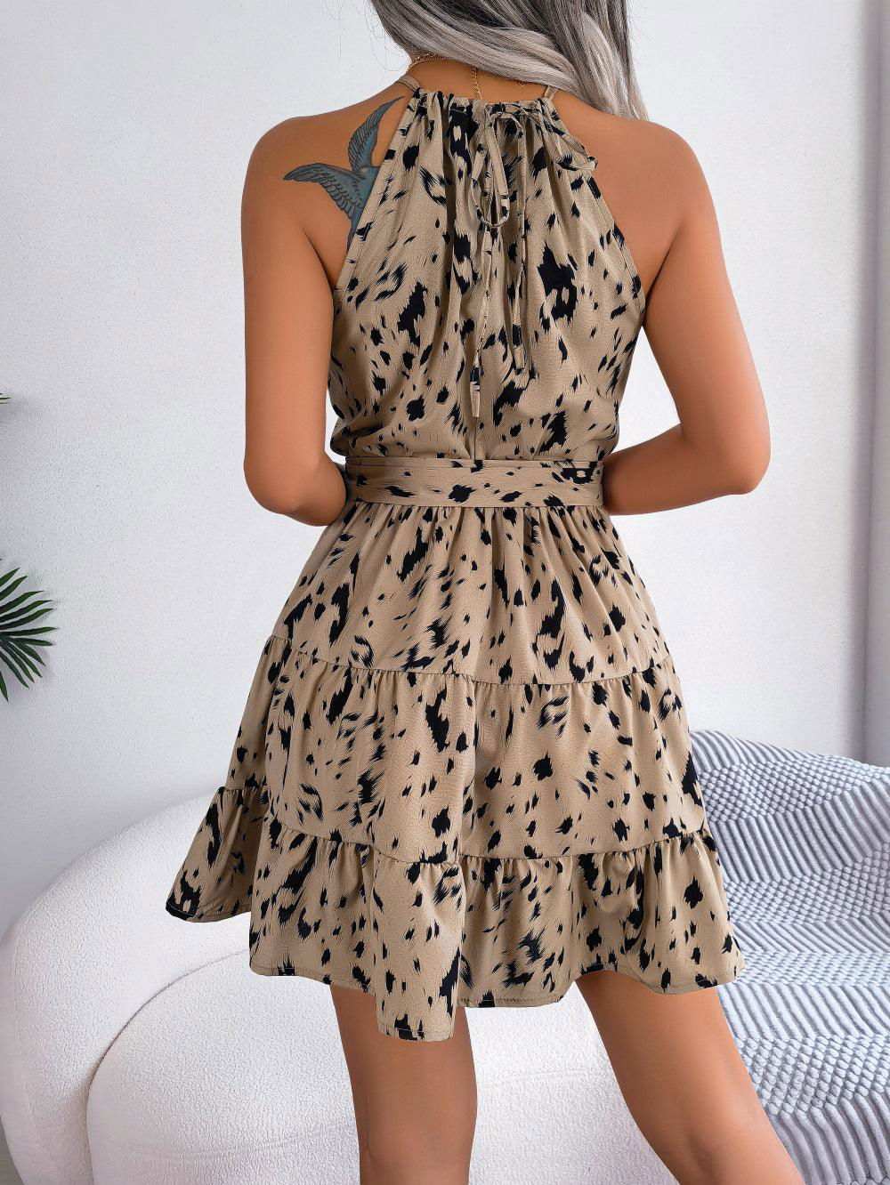 Halter Neck Printed Tie Waist Sleeveless Mini Dress - Vesteeto