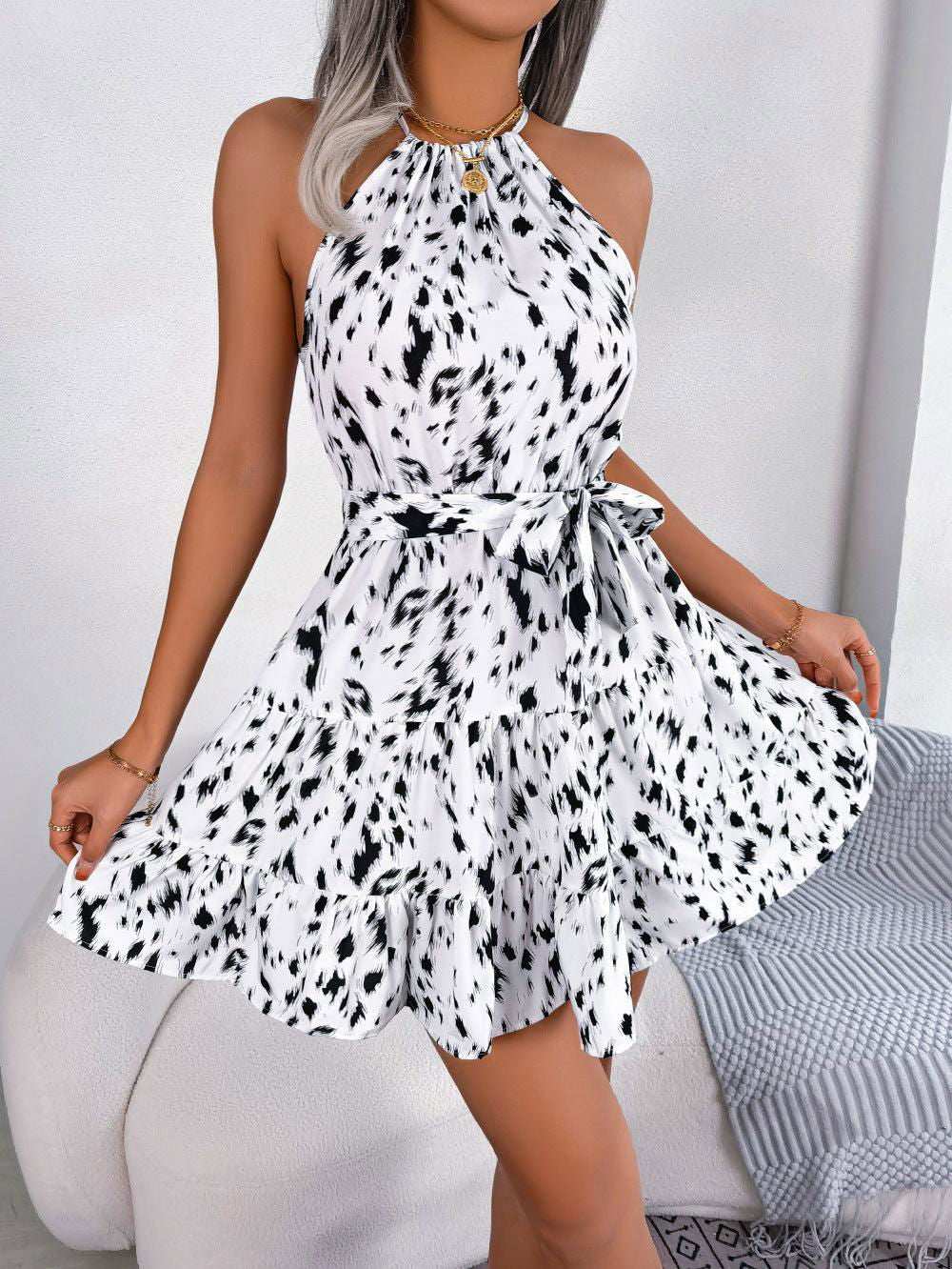 Halter Neck Printed Tie Waist Sleeveless Mini Dress - Vesteeto