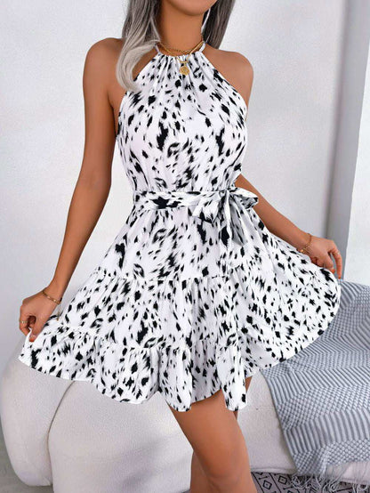 Halter Neck Printed Tie Waist Sleeveless Mini Dress - Vesteeto