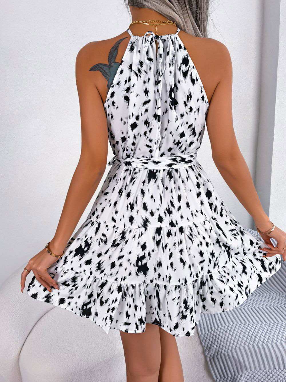 Halter Neck Printed Tie Waist Sleeveless Mini Dress - Vesteeto