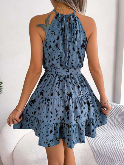 Halter Neck Printed Tie Waist Sleeveless Mini Dress - Vesteeto