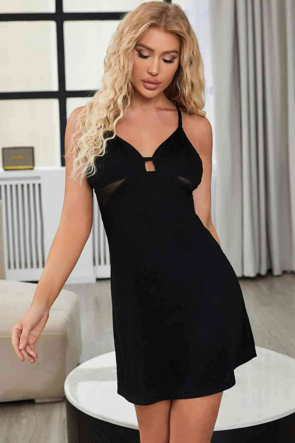 Halter Neck Spliced Mesh Night Dress - Vesteeto