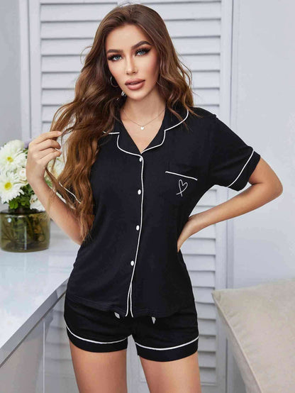 Heart Graphic Contrast Piping Top and Shorts Pajama Set - Vesteeto