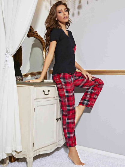 Heart Graphic V-Neck Top and Plaid Pants Lounge Set - Vesteeto