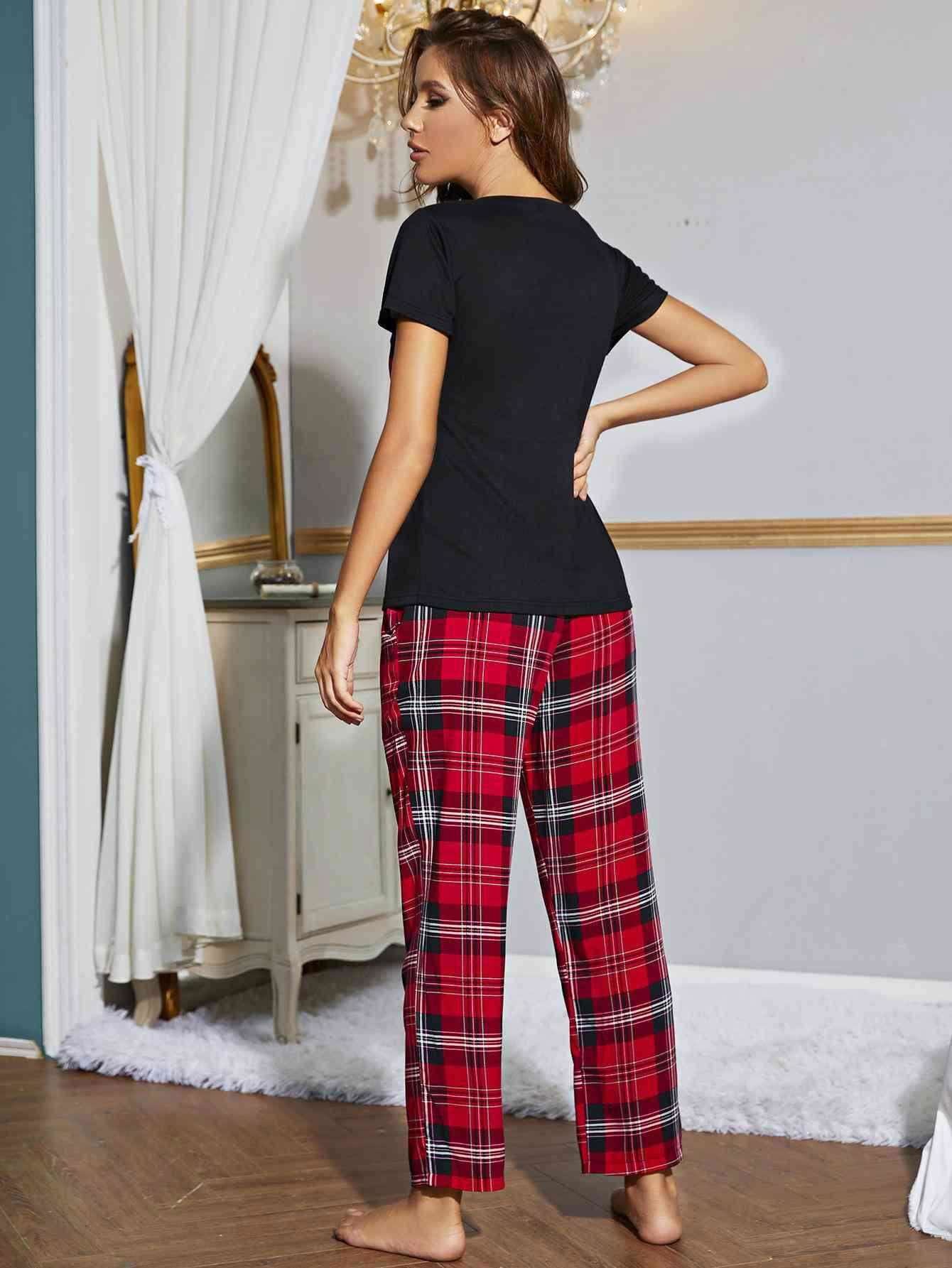 Heart Graphic V-Neck Top and Plaid Pants Lounge Set - Vesteeto