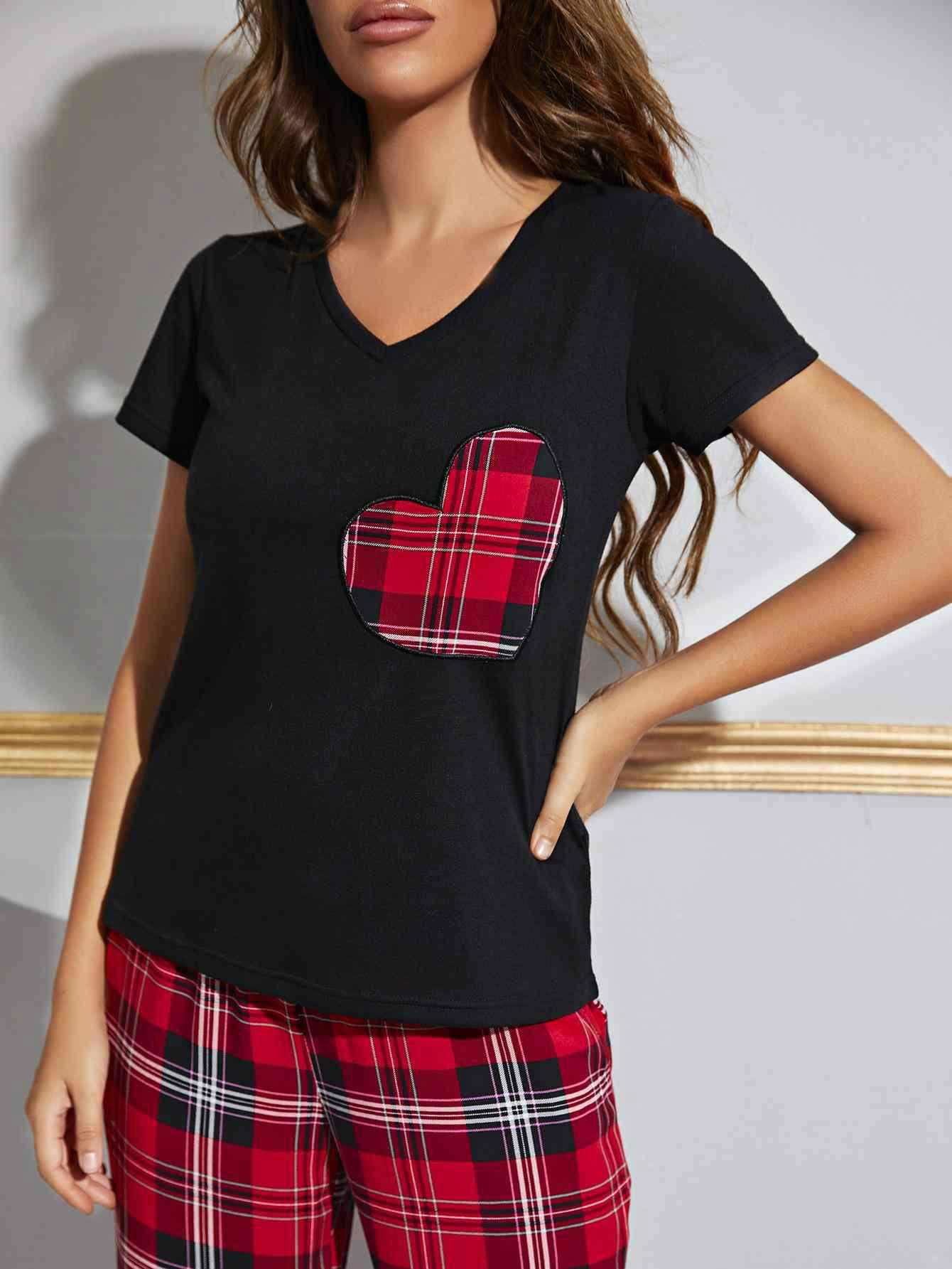 Heart Graphic V-Neck Top and Plaid Pants Lounge Set - Vesteeto