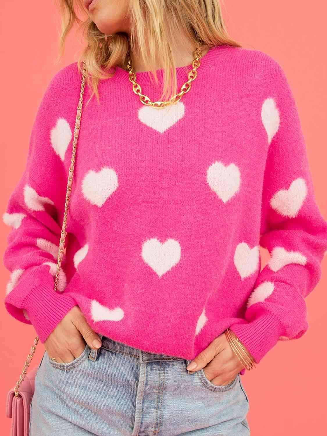 Heart Round Neck Drop Shoulder Sweater - Vesteeto