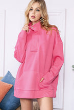 Hot Pink Casual Textured Kangaroo Pocket Sweatshirt - Vesteeto