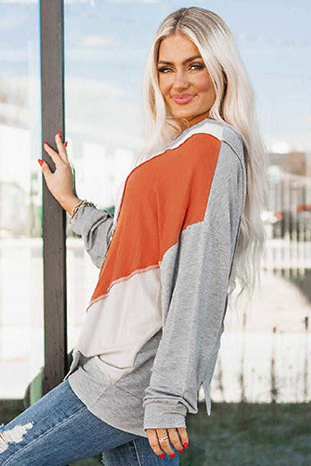 Irregular Hem Top - Khaki Colorblock Long Sleeve Style 