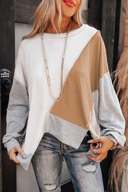 Irregular Hem Top - Khaki Colorblock Long Sleeve Style 