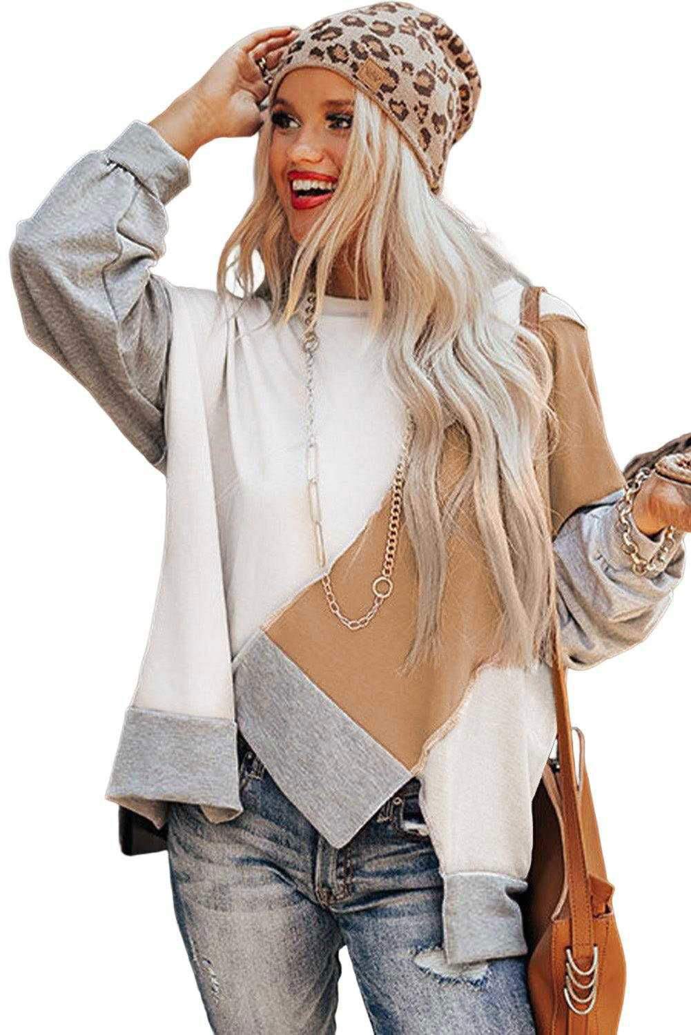 Irregular Hem Top - Khaki Colorblock Long Sleeve Style 