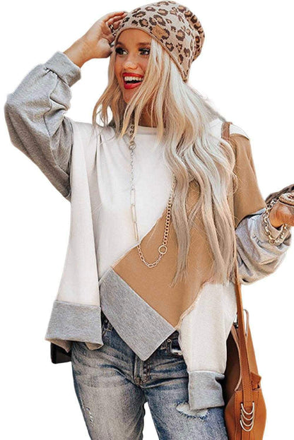 Irregular Hem Top - Khaki Colorblock Long Sleeve Style 