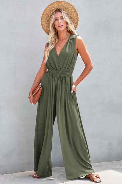 Jungle Green Deep V Pocketed Pleated Wide Leg Jumpsuit - Vesteeto