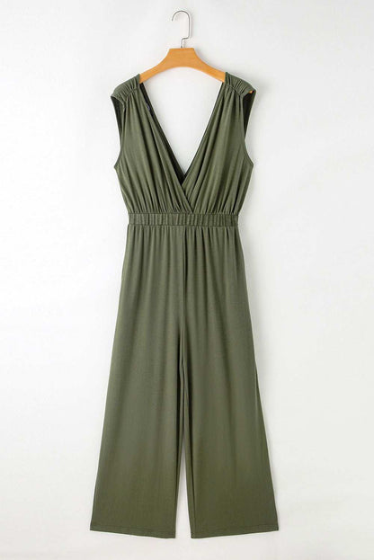 Jungle Green Deep V Pocketed Pleated Wide Leg Jumpsuit - Vesteeto