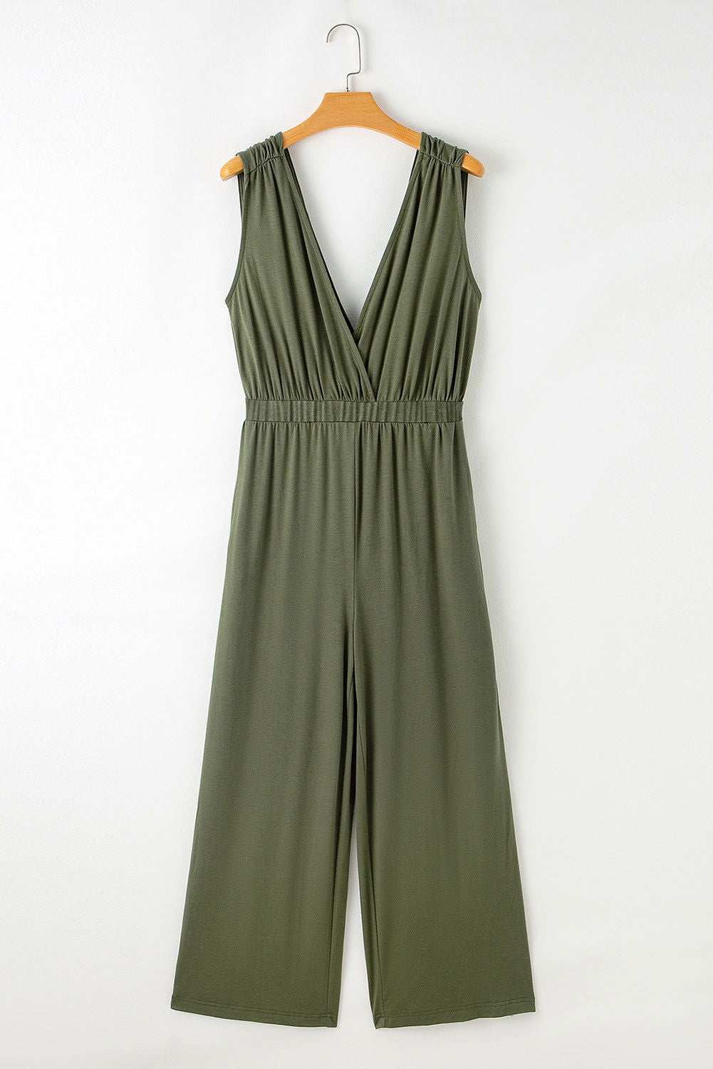 Jungle Green Deep V Pocketed Pleated Wide Leg Jumpsuit - Vesteeto