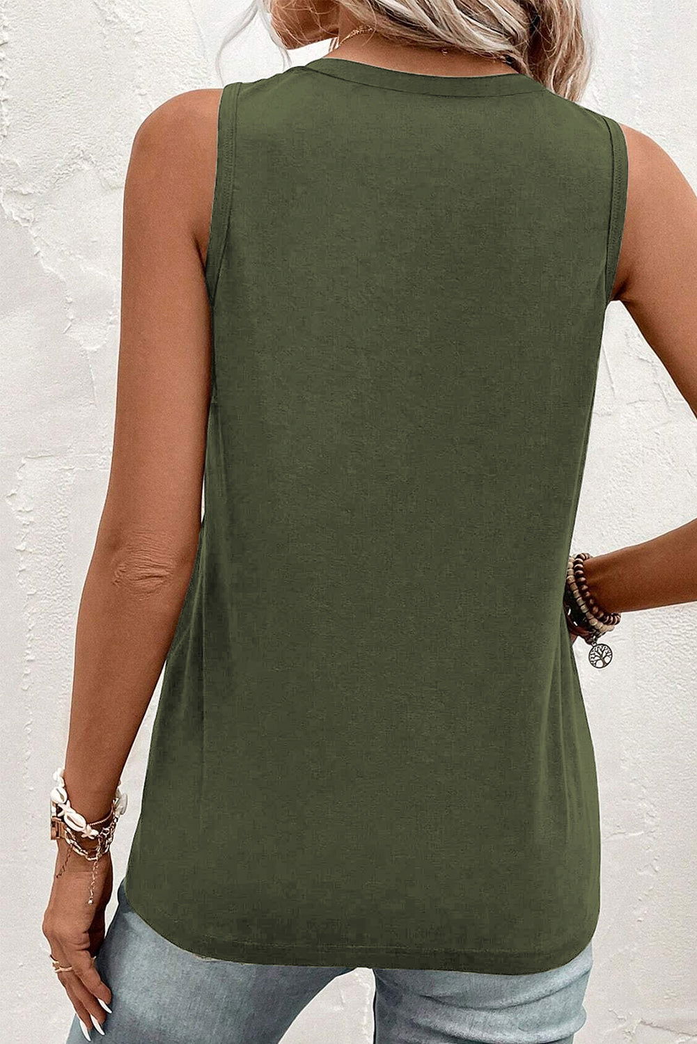 Jungle Green Half Button V Neck Patched Pocket Tank Top - Vesteeto