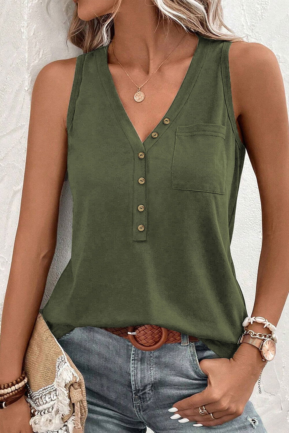 Jungle Green Half Button V Neck Patched Pocket Tank Top - Vesteeto