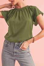 Jungle Green Pleated Flutter Sleeve Satin Blouse - Vesteeto