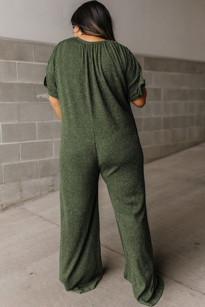 Jungle Green Textured Side Pockets Buttoned Wide Leg Jumpsuit - Vesteeto