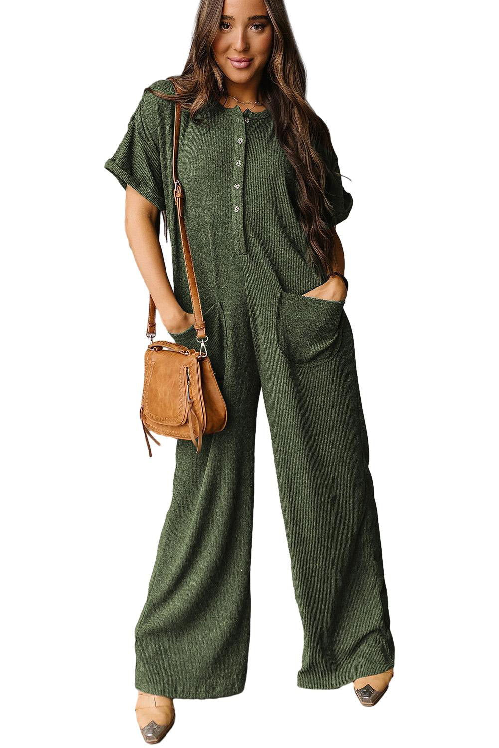 Jungle Green Textured Side Pockets Buttoned Wide Leg Jumpsuit - Vesteeto