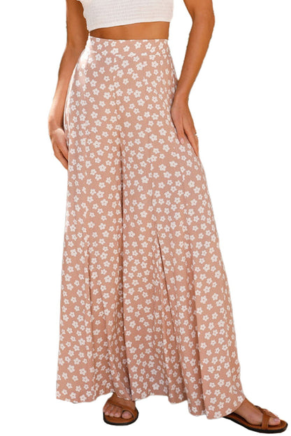 Khaki Boho Floral High Waist Wide Leg Flare Pants - Vesteeto