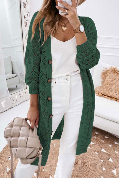 Khaki Button Up Hollow Out Loose Long Cardigan - Vesteeto