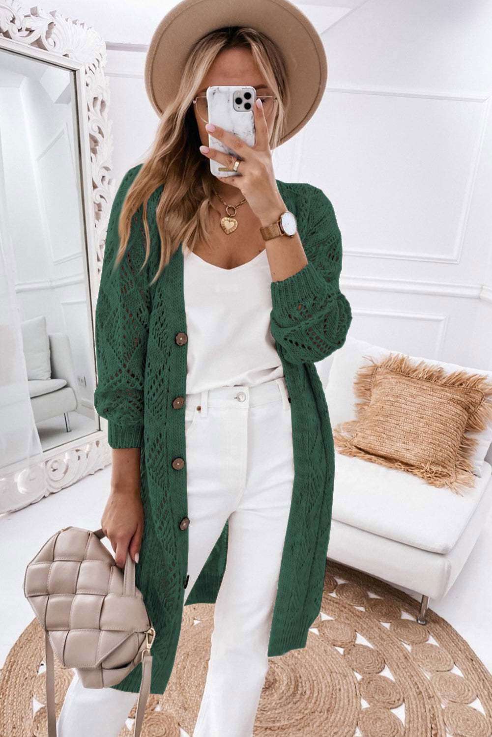 Khaki Button Up Hollow Out Loose Long Cardigan - Vesteeto