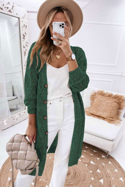 Khaki Button Up Hollow Out Loose Long Cardigan - Vesteeto