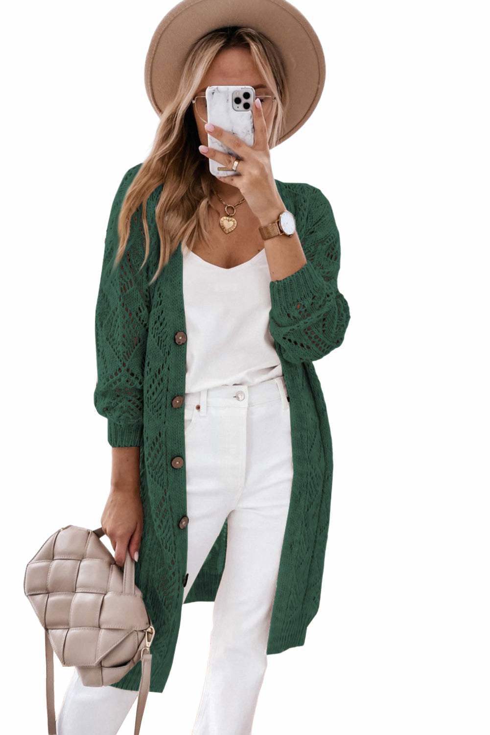 Khaki Button Up Hollow Out Loose Long Cardigan - Vesteeto