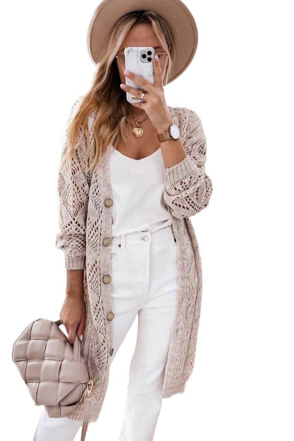 Khaki Button Up Hollow Out Loose Long Cardigan - Vesteeto