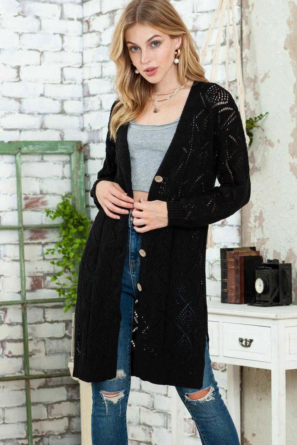 Khaki Button Up Hollow Out Loose Long Cardigan - Vesteeto