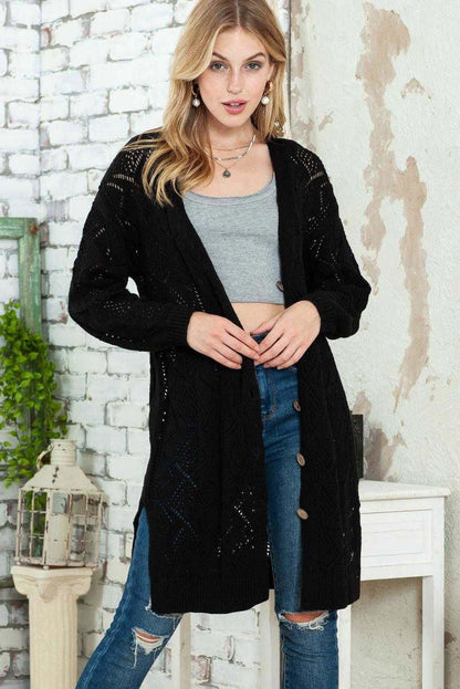 Khaki Button Up Hollow Out Loose Long Cardigan - Vesteeto