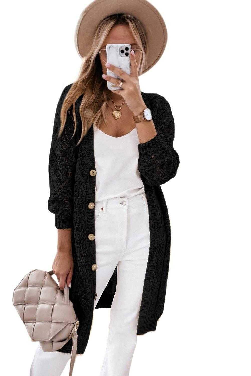 Khaki Button Up Hollow Out Loose Long Cardigan - Vesteeto