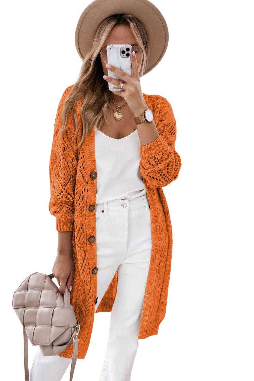 Khaki Button Up Hollow Out Loose Long Cardigan - Vesteeto