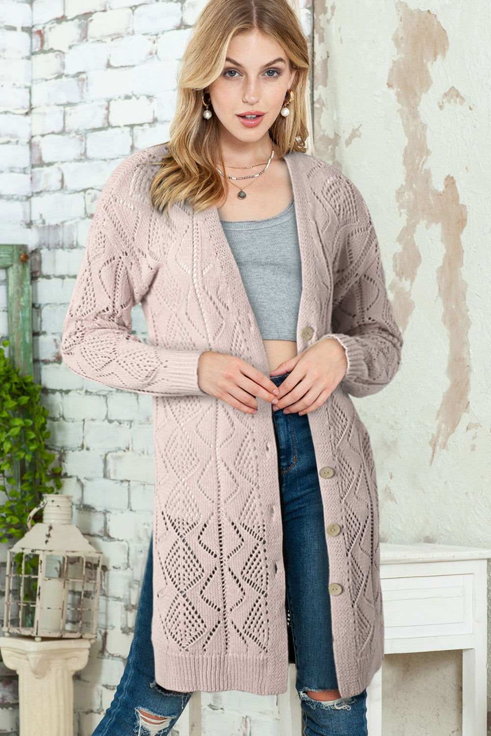 Khaki Button Up Hollow Out Loose Long Cardigan - Vesteeto