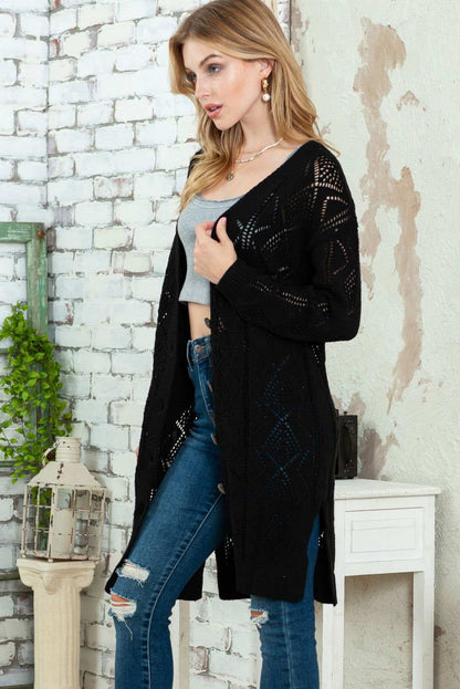 Khaki Button Up Hollow Out Loose Long Cardigan - Vesteeto