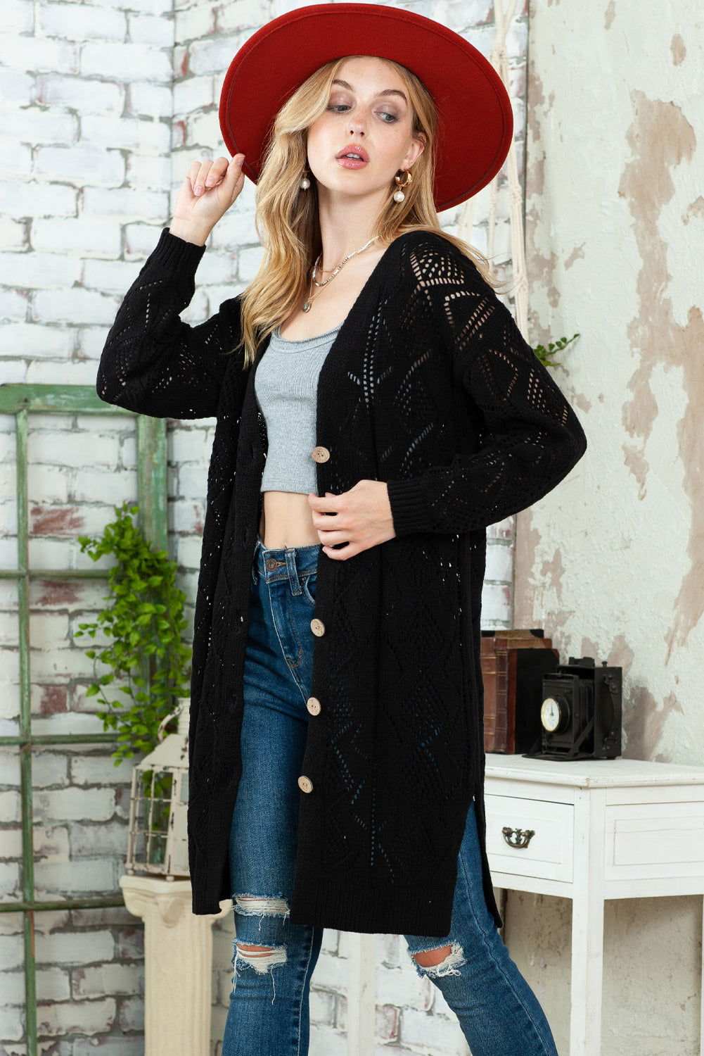 Khaki Button Up Hollow Out Loose Long Cardigan - Vesteeto