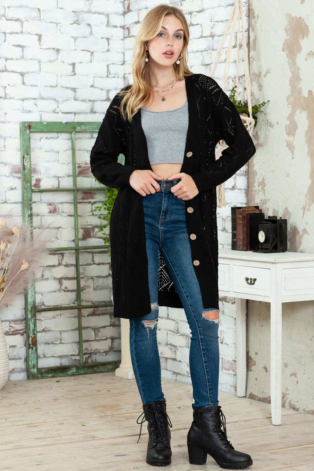 Khaki Button Up Hollow Out Loose Long Cardigan - Vesteeto