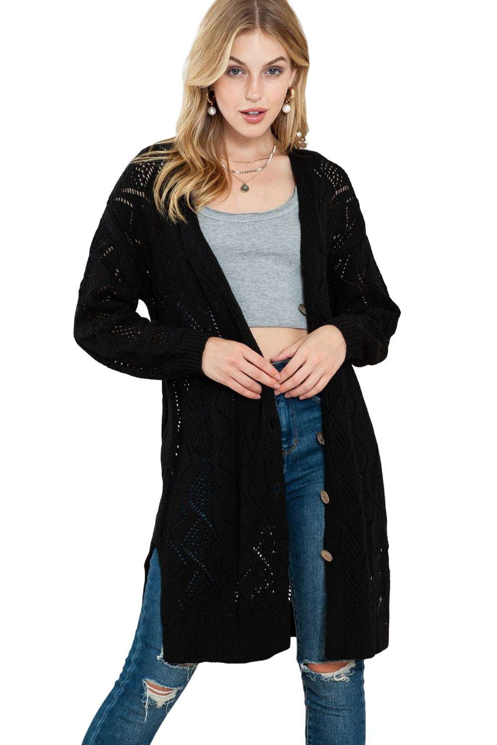 Khaki Button Up Hollow Out Loose Long Cardigan - Vesteeto