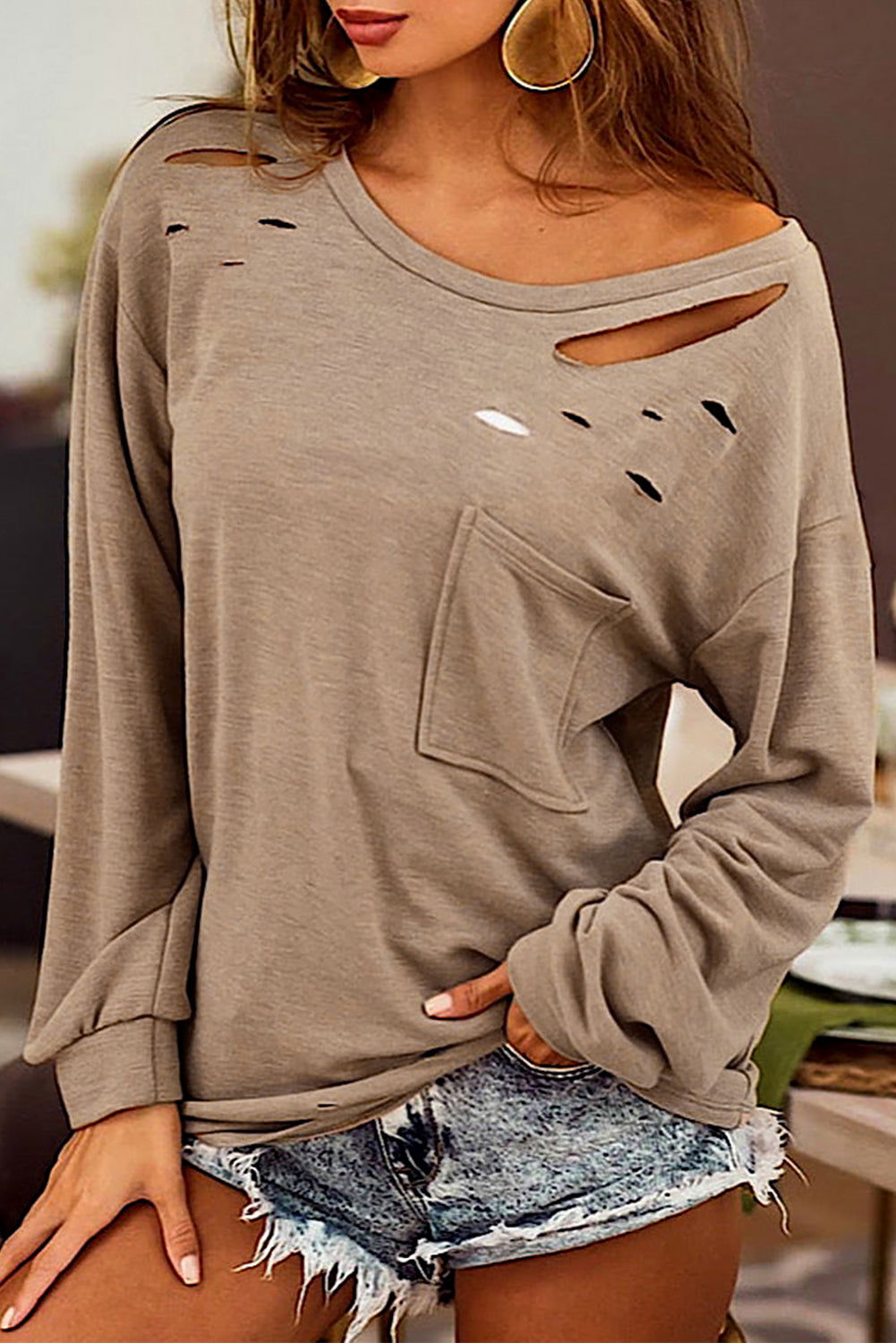 Khaki Casual Distressed Pocket Long Sleeve Top - Vesteeto