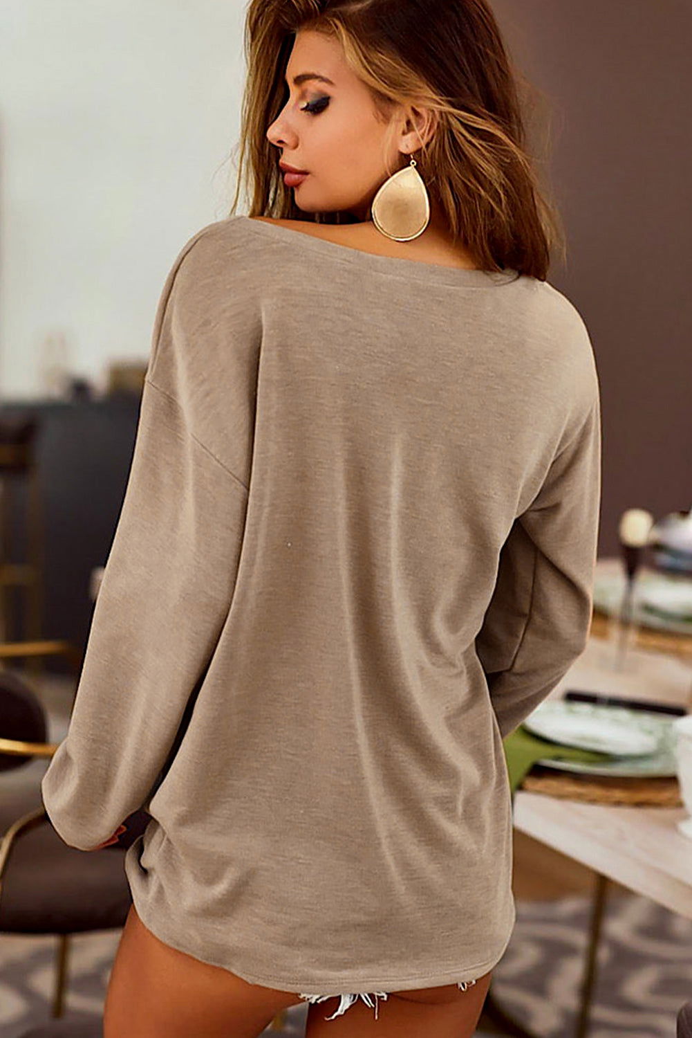 Khaki Casual Distressed Pocket Long Sleeve Top - Vesteeto