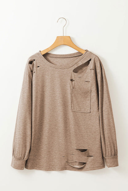 Khaki Casual Distressed Pocket Long Sleeve Top - Vesteeto