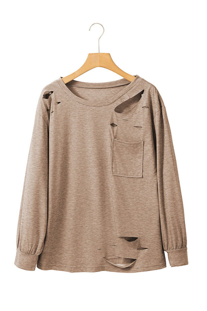 Khaki Casual Distressed Pocket Long Sleeve Top - Vesteeto