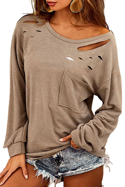 Khaki Casual Distressed Pocket Long Sleeve Top - Vesteeto