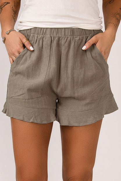 Khaki Casual Pocketed Ruffle High Waist Shorts - Vesteeto