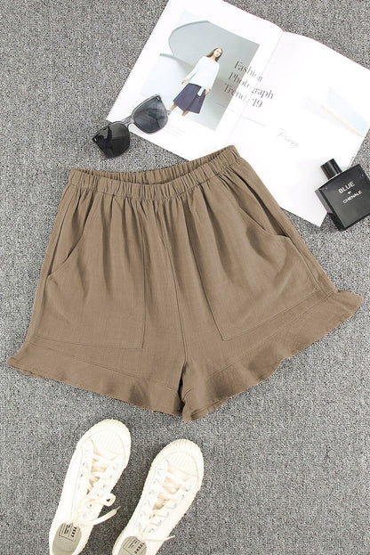 Khaki Casual Pocketed Ruffle High Waist Shorts - Vesteeto